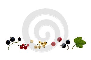 Redcurrants, blackcurrants and whitecurrants on white background