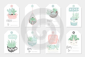 Collection of redy to use gift summer tags, cards and stickers with succulents