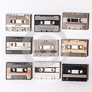 Collection of retro audio cassettes. Set of various colorful music cassettes. Isolated on white background