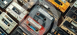 Collection of Retro cassette tapes of vibrant hues. Top view. Background. Concept of vintage music, collectible items