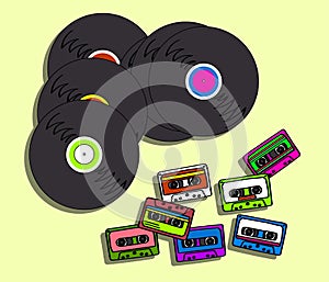 Collection of retro cassettes and music records on a white background.