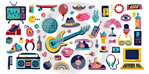 Collection retro icons elements in trendy 80s-90s hand-drawn cartoon style. Vector photo