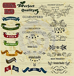 Collection of retro labels best, original genuine and high quality on wooden texture