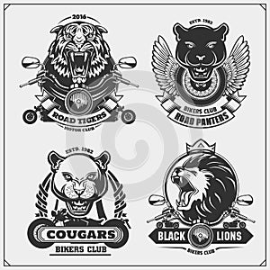 Collection of retro motorcycle labels, badges and design elements. Motor and biker club emblems with wild animals.