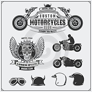 Collection of retro motorcycle labels, emblems, badges and design elements. Helmets, goggles and motorcycles. Vintage style.