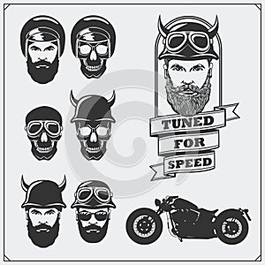 Collection of retro motorcycle labels, emblems and design elements. Helmets, goggles, bikers and racers. Vintage style. photo