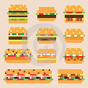 Collection of retro pixel hamburgers in vector