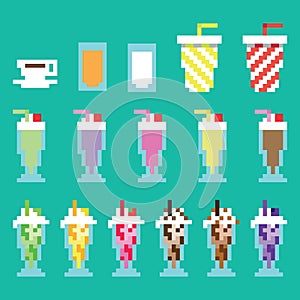 Collection retro, pixel milkshakes, drinks, beverages in vector