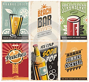 Collection of retro posters with organic juices and popular drinks