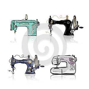 Collection of retro sewing machine, sketch for