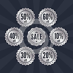 Collection of retro silver SALE badges, stamps, stickers, tags, labels. Product promotion. Vector.