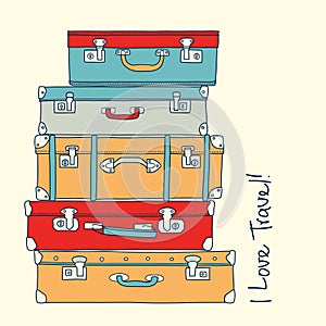 Collection of retro suitcases love travel concept