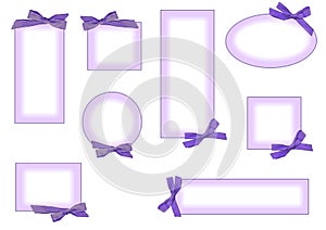 Collection of retro violet frames with ribbons and white shaded central part.