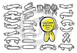 Collection of ribbons drawing in cartoon style. Vector set in minimalist black and white color. Use as banner poster