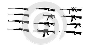 Collection of rifle  silhouette illustration isolated on white background. Sniper rifle symbol silhouette, semi automatic