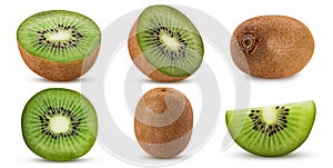 Collection ripe kiwi fruit, whole, cut in half, slice