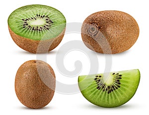 Collection ripe kiwi fruit, whole, cut in half, slice