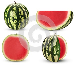 Collection of ripe watermelon without ossicle, whole, cut, slice photo