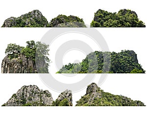 collection rock mountain hill with  green forest isolate on white background