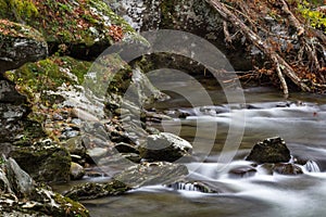Collection of rocks and deadfall by a river in the Great Smoky Mountains