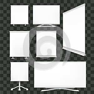 Collection of Roll up with stands, isolated. Empty rollup banners and blank stands set. Vector illustration.