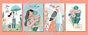 Collection of romantic cards. Vector design concepts for Valentine`s Day. Beautiful illustrations with flowers and loving couples.