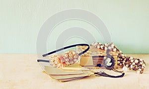 A collection of romantic vintage jewelry. retro filtered image. room for text