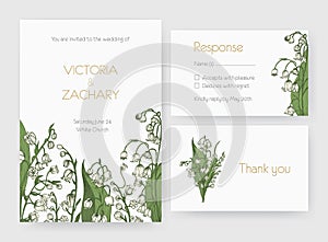 Collection of romantic wedding invitation, Save The Date and response card templates decorated with wild lily of the