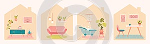 Collection of room interior with home furniture. Flat vector illustration
