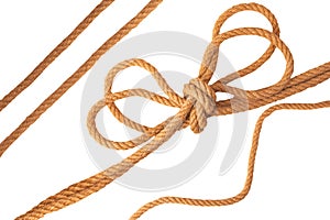 Collection ropes. Closeup of figure eight node from two brown ropes and other set of Navy and angler or sailors knot