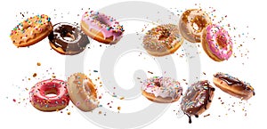 Collection of round donut doughnut, Colourful set, flying falling with sprinkles nuts topping frosting on transparent cutout, PNG