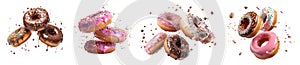 Collection of round donut doughnut, Colourful set, flying falling with sprinkles nuts topping frosting on transparent cutout, PNG