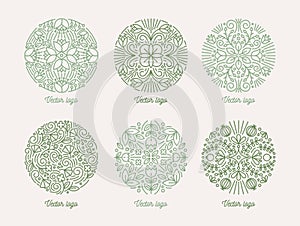 Collection of round floral oriental motifs. Set of green arabic mandalas. Bundle of elegant decorative design elements