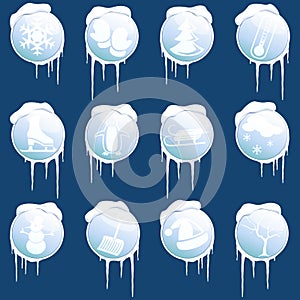 Collection of round glossy winter icons with icicl