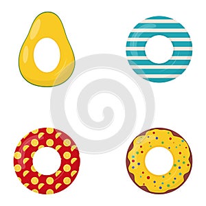 Collection of rubber swimming rings with cake, avocado, pineapple, watermelon and other ornaments painting on it. Life