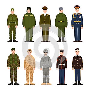 Collection of Russian and American military people or personnel dressed in various uniform. Bundle of soldiers of Russia