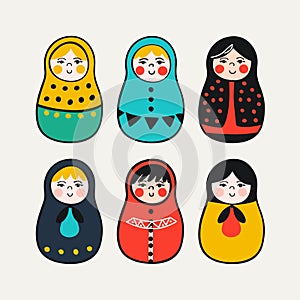 Collection Russian matryoshka dolls illustrated simple flat design. Six colorful nesting dolls