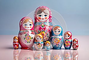 A collection of Russian nesting dolls or Matryoshka painted doll