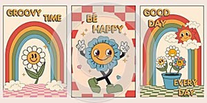 Collection of 70s wall art background vector. Set of retro wall decoration, groovy, smile