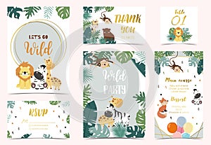 Collection of safari background set with giraffe,fox,monkey,zebra.Vector illustration for birthday invitation,postcard and sticker