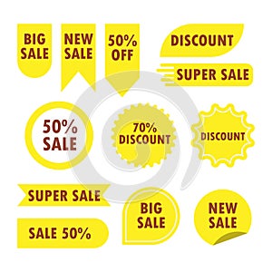 Collection of sales yellow label business promotion banner. Set sales badge for discount product. Special marketing offer yellow