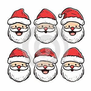 Collection Santa Claus faces wearing traditional red hats. Santa character features distinct photo