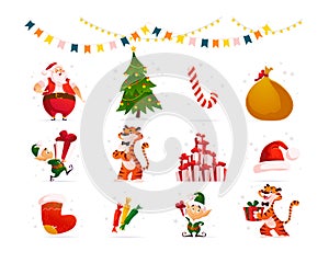 Collection of Santa Claus, year mascot tiger and Santa elves characters, Christmas decor elements