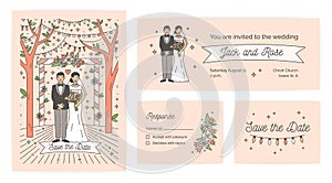 Collection of Save The Date card, wedding ceremony invitation and response note templates with cute cartoon bride and