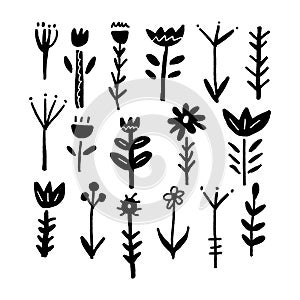 Collection of scandinavian style art, folk floral shapes, elements in vector