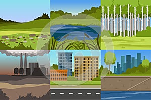 Collection of Sceneries of Urban and Natural Landscapes, Summer Backgrounds with Lake, Hills, Industrial Plant and City