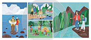 Collection of scenes with friends hiking or backpacking in forest or woods at river or sea. Set of young tourists or