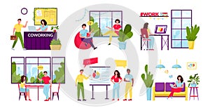 Collection of scenes at office or coworking vector illustrations. Men and women working, brainstorming, business meeting
