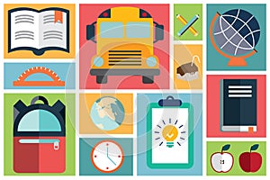 Collection of school items icons, flat design, long shadow