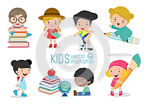 Collection of school kids in education concept, back to school template with children, child go to school, back to school